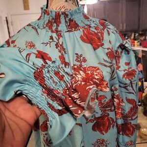 Floral Smocked Blouse in Blue and Red